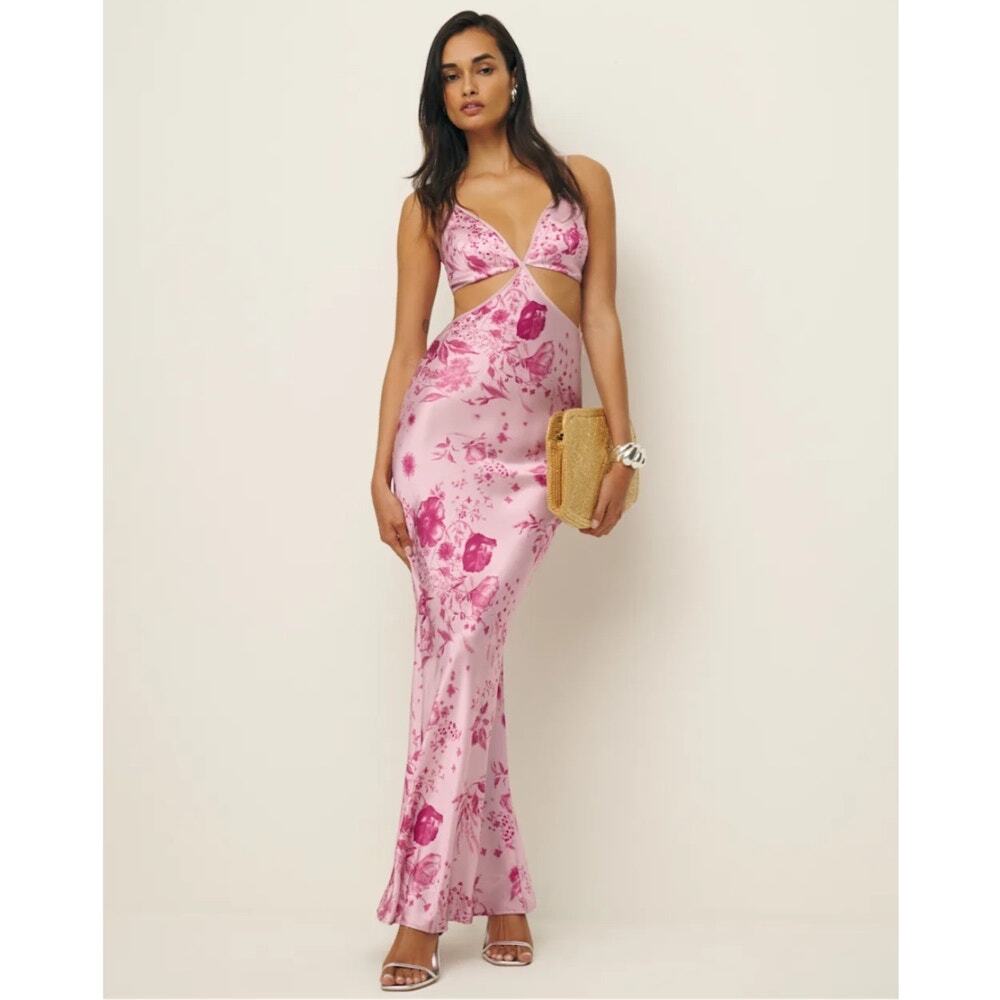 REFORMATION Pink Rose Foral Poppies Milla Cutout Button Back Silk Dress 10 NWT